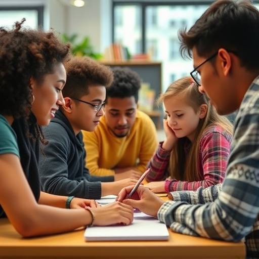 A diverse group of students collaborating on a digital project in a modern classroom, showcasing the school's commitment to inclusive learning and accessibility.
