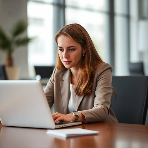 Giulia Romano, Head of Online Learning Technologies, working on a laptop in a modern office.