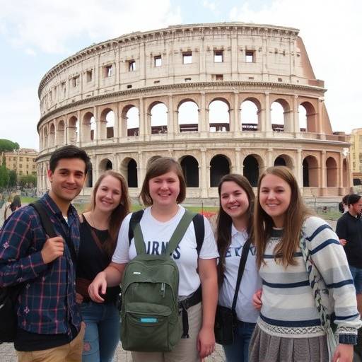 Students on a cultural excursion to the Colosseum in Rome, organized by Accademia Italiana di Apprendimento